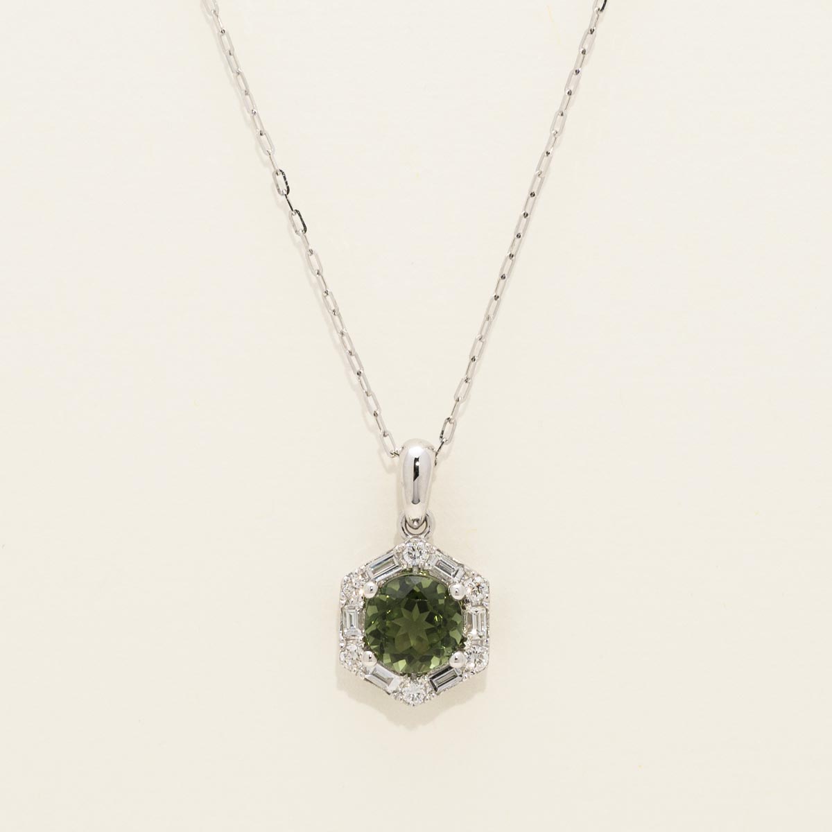 Maine Green Tourmaline Hexagon Halo Necklace in 14kt White Gold with Diamonds (1/3ct tw)