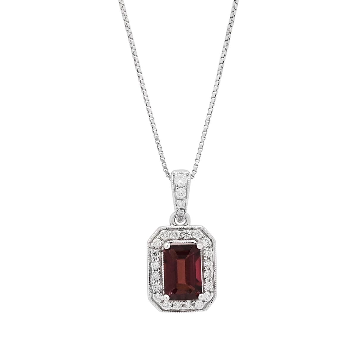 Maine Pink Tourmaline Emerald Cut Halo Necklace in 14kt White Gold with Diamonds (1/10ct tw)