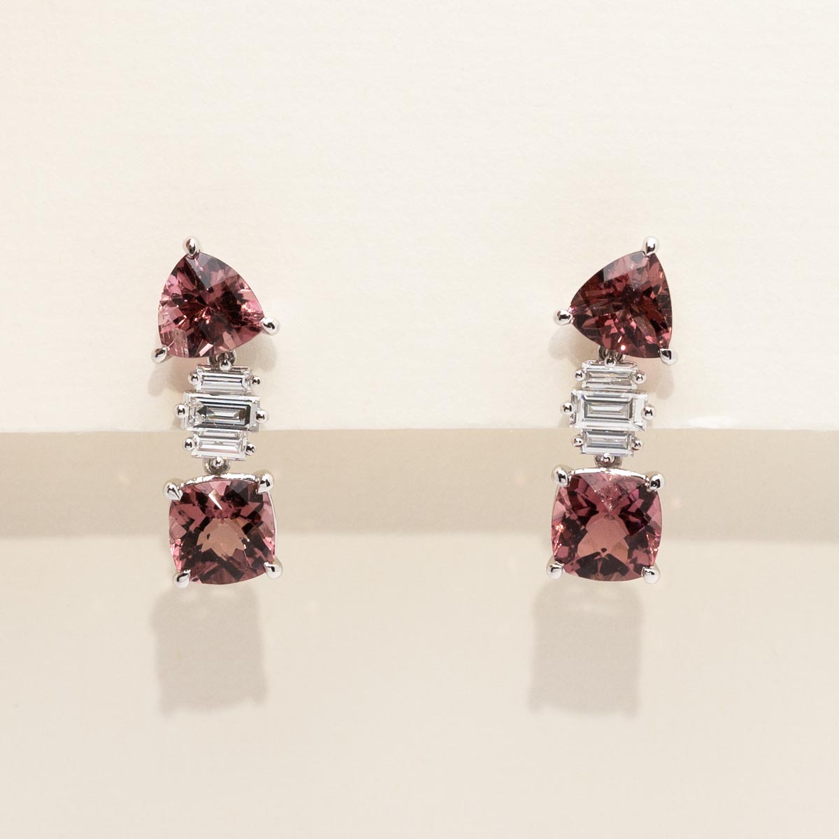 Maine Pink Tourmaline Drop Earrings in 14kt White Gold with Diamonds (3/8ct tw)