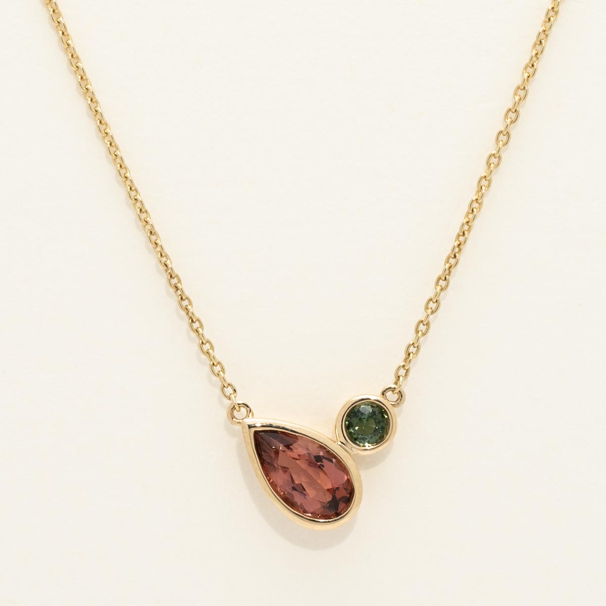 Maine Pink and Green Tourmaline Bezel Necklace in 14kt Yellow Gold