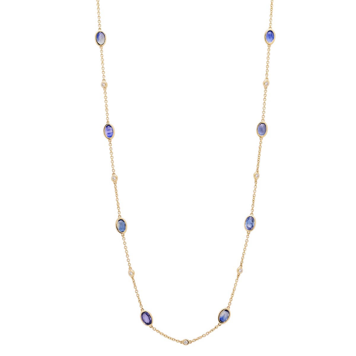 Oval Sapphire Bezel Station Necklace in 14kt Yellow Gold with Diamonds (1/4ct tw)