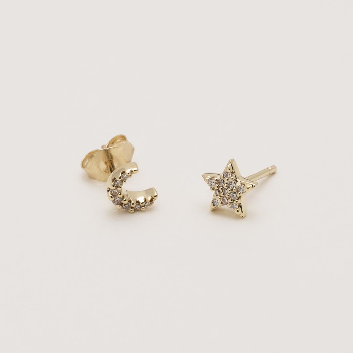 Moon and Star Petite Diamond Stud Earrings in 10kt Yellow Gold (1/10ct tw)