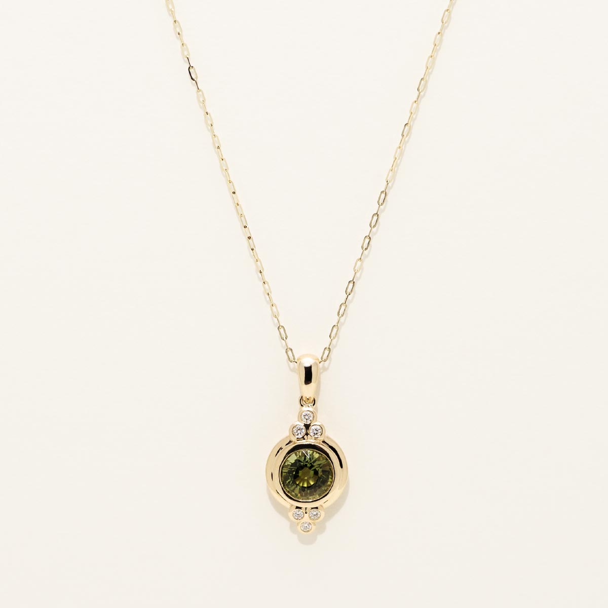 Green Tourmaline Bezel Necklace in 14kt Yellow Gold with Diamonds (1/10ct tw)