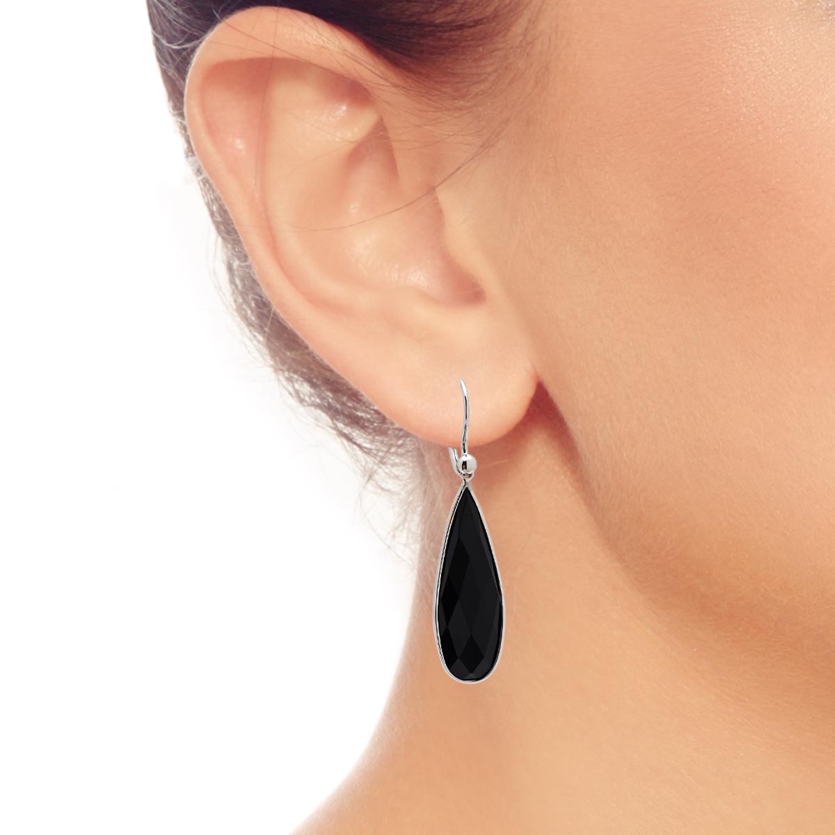 Dabakarov Pear Shape Black Agate Drop Earrings in 14kt White Gold