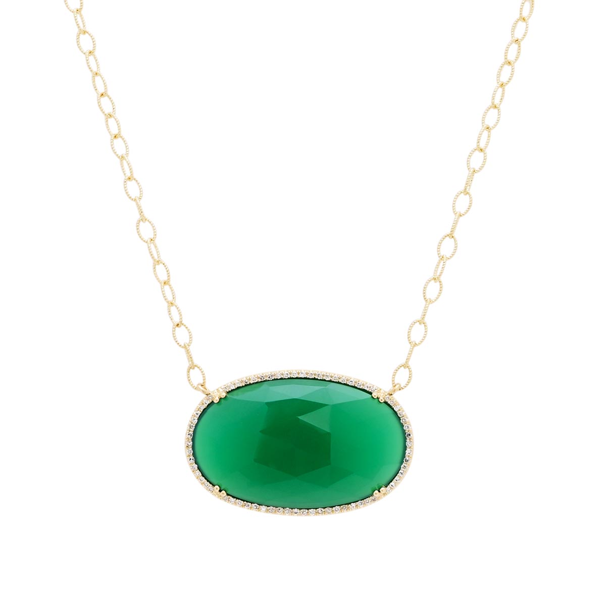 Dabakarov Oval Green Agate Necklace in 14kt Yellow Gold with Diamonds (1/5ct tw)