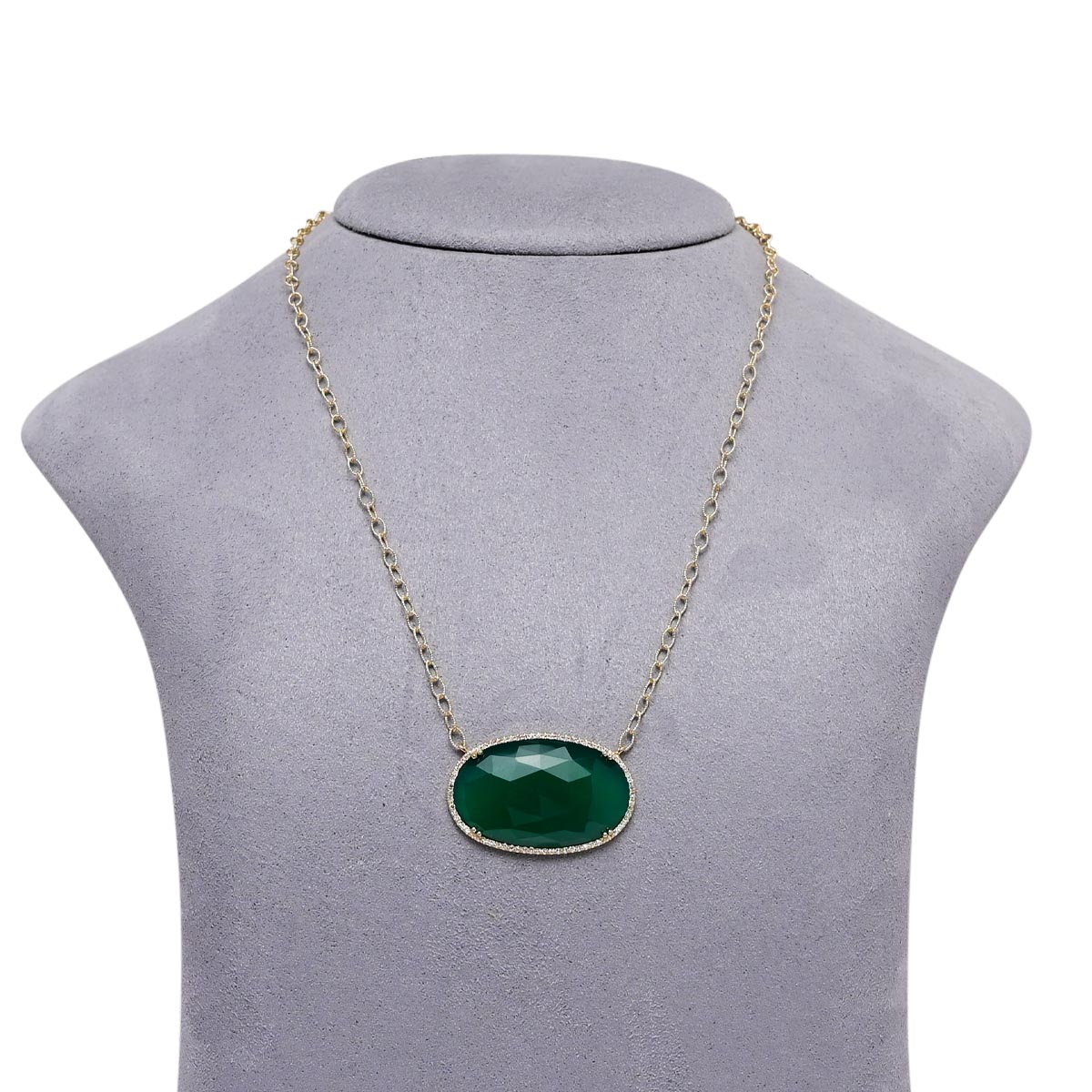 Dabakarov Oval Green Agate Necklace in 14kt Yellow Gold with Diamonds (1/5ct tw)