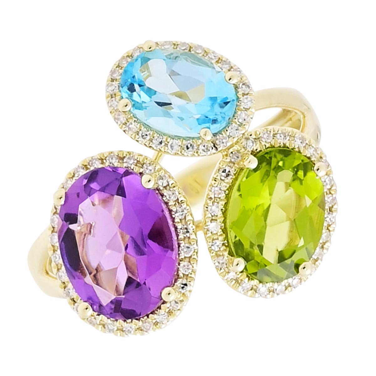 Dabakarov Oval Amethyst and Peridot and Blue Topaz Ring in 14kt Yellow Gold with Diamonds (1/5ct tw)