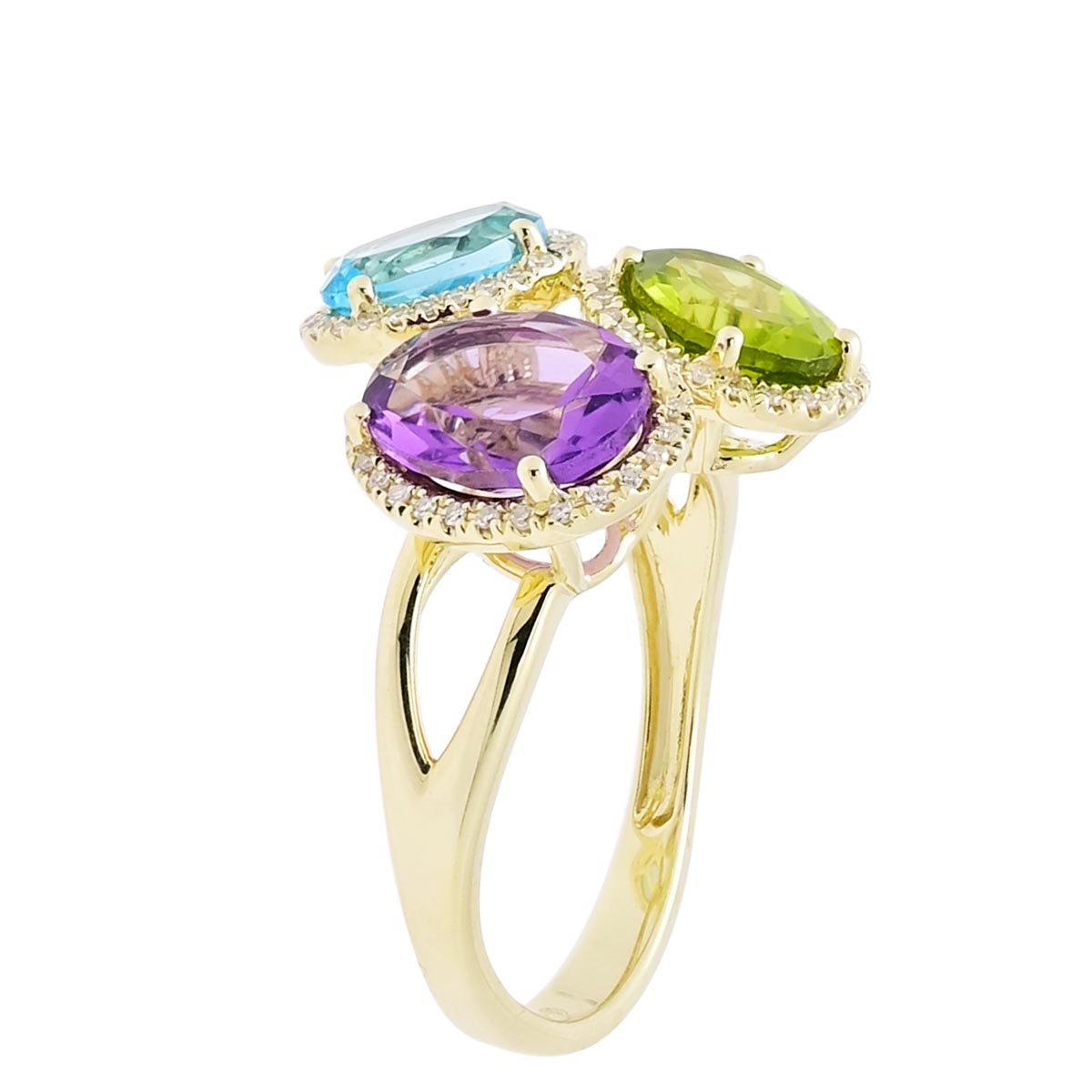 Dabakarov Oval Amethyst and Peridot and Blue Topaz Ring in 14kt Yellow Gold with Diamonds (1/5ct tw)