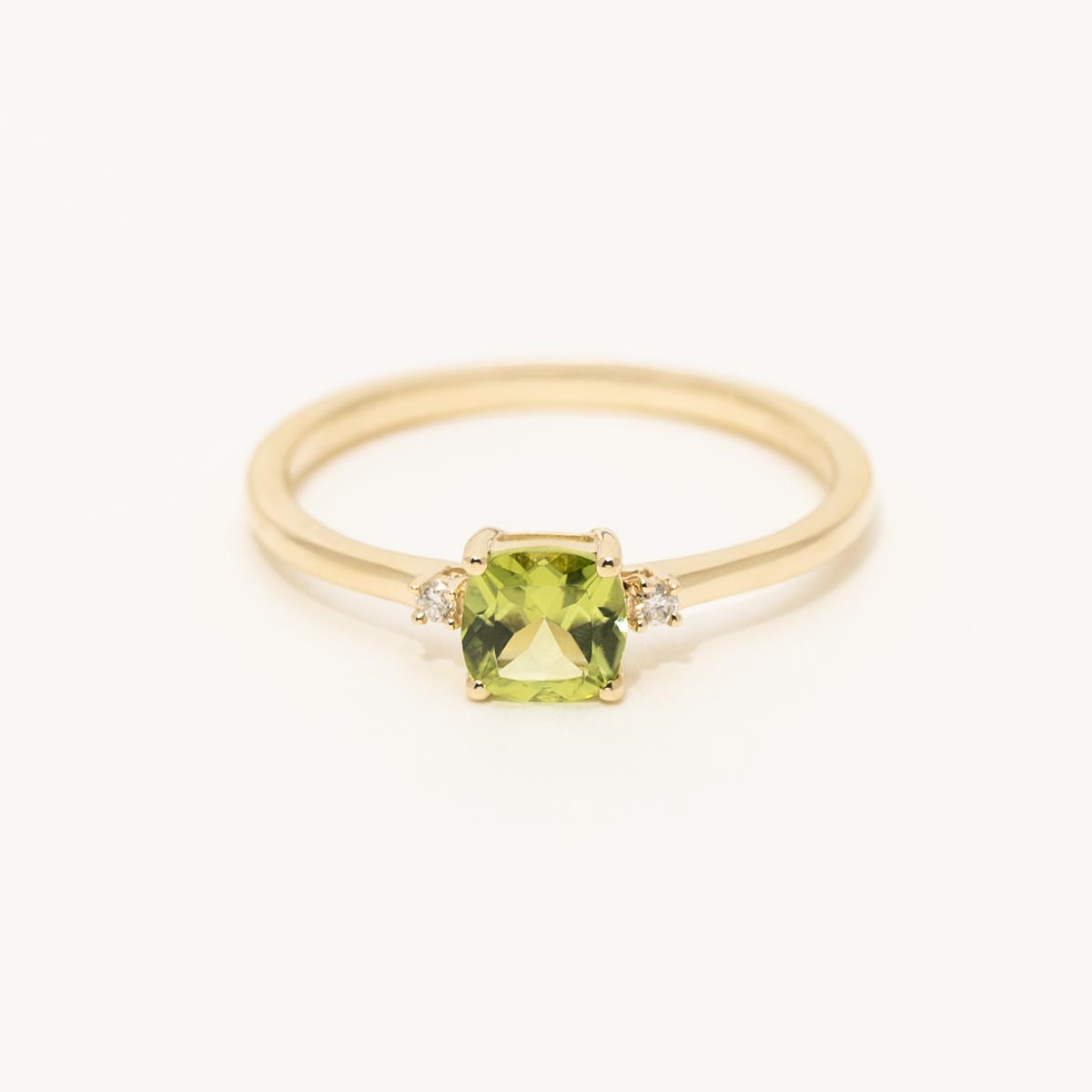 Cushion Cut Peridot Ring in 10kt Yellow Gold with Diamonds (.02ct tw)