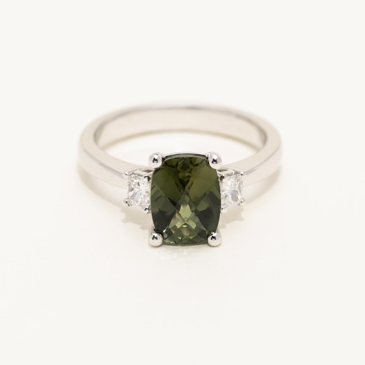 Maine Green Tourmaline Cushion Cut Ring in 14kt White Gold with Diamonds (1/4ct tw)