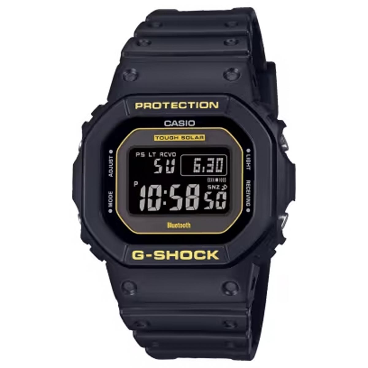 G Shock 5600 Series Mens Watch with Black Dial and Caution Yellow Accents (solar movement)