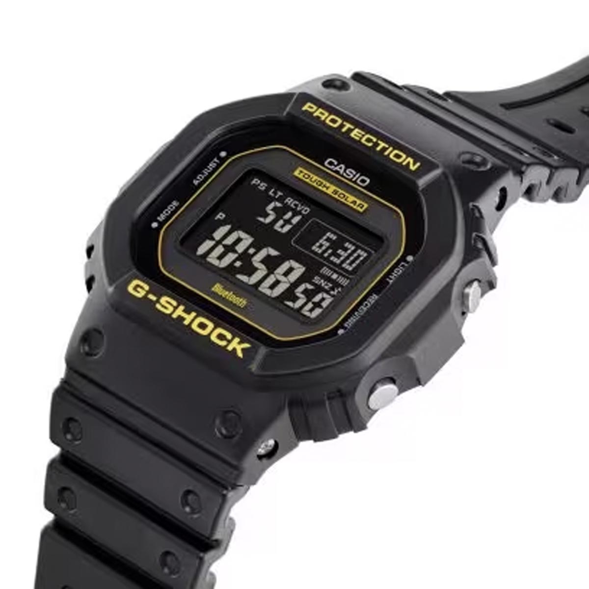 G Shock 5600 Series Mens Watch with Black Dial and Caution Yellow Accents (solar movement)