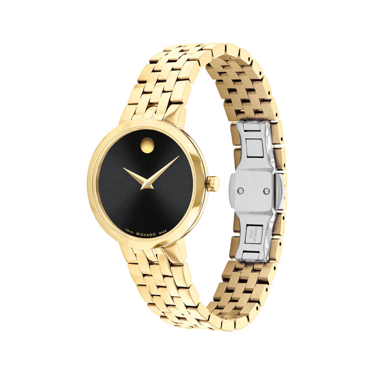 Movado Museum Classic Womens Watch with Black Dial and Gold Tone PVD Plated Stainless Steel Bracelet (Swiss quartz movement)