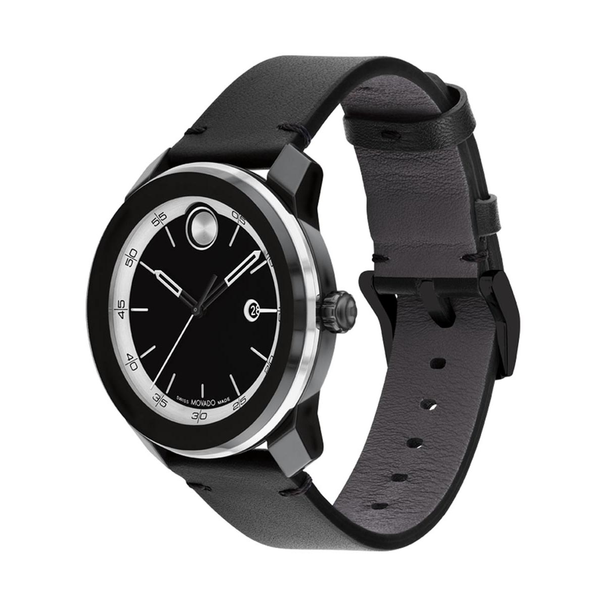 Movado Bold TR90 Mens Watch with Black and White Dial and Black Leather Strap (Swiss quartz movement)