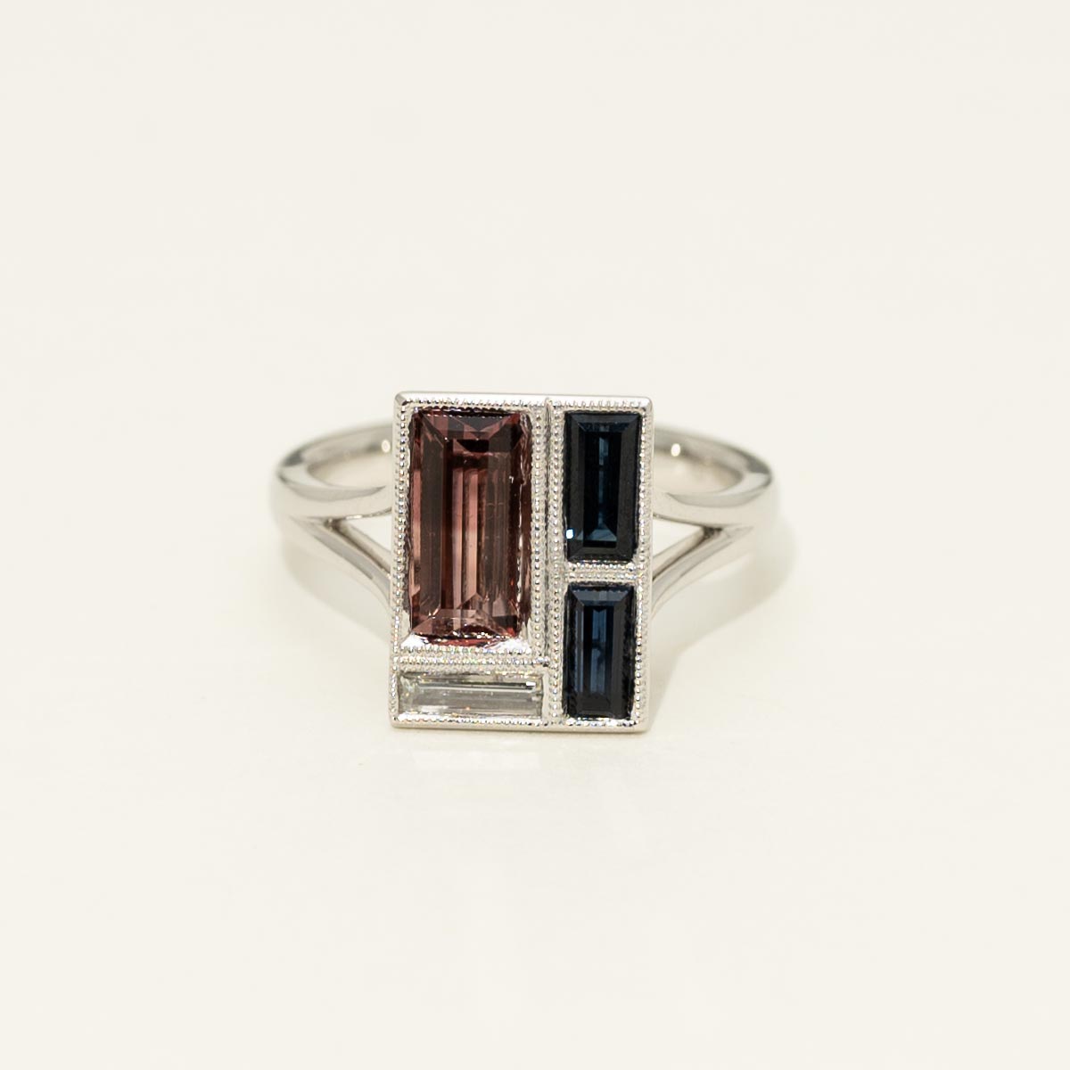 Stained Glass Maine Pink Tourmaline and Sapphire Ring in 14kt White Gold with Diamond (1/7ct)