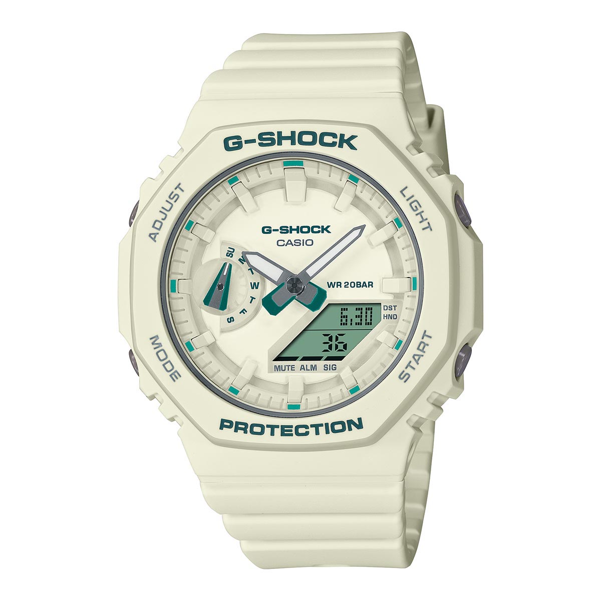 G Shock Womens Watch with Cream Dial and Teal Green Accents and Resin Bracelet (quartz movement)