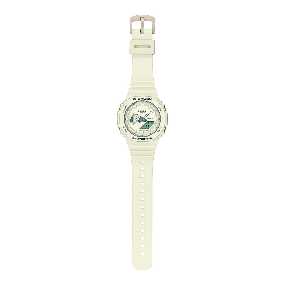 G Shock Womens Watch with Cream Dial and Teal Green Accents and Resin Bracelet (quartz movement)