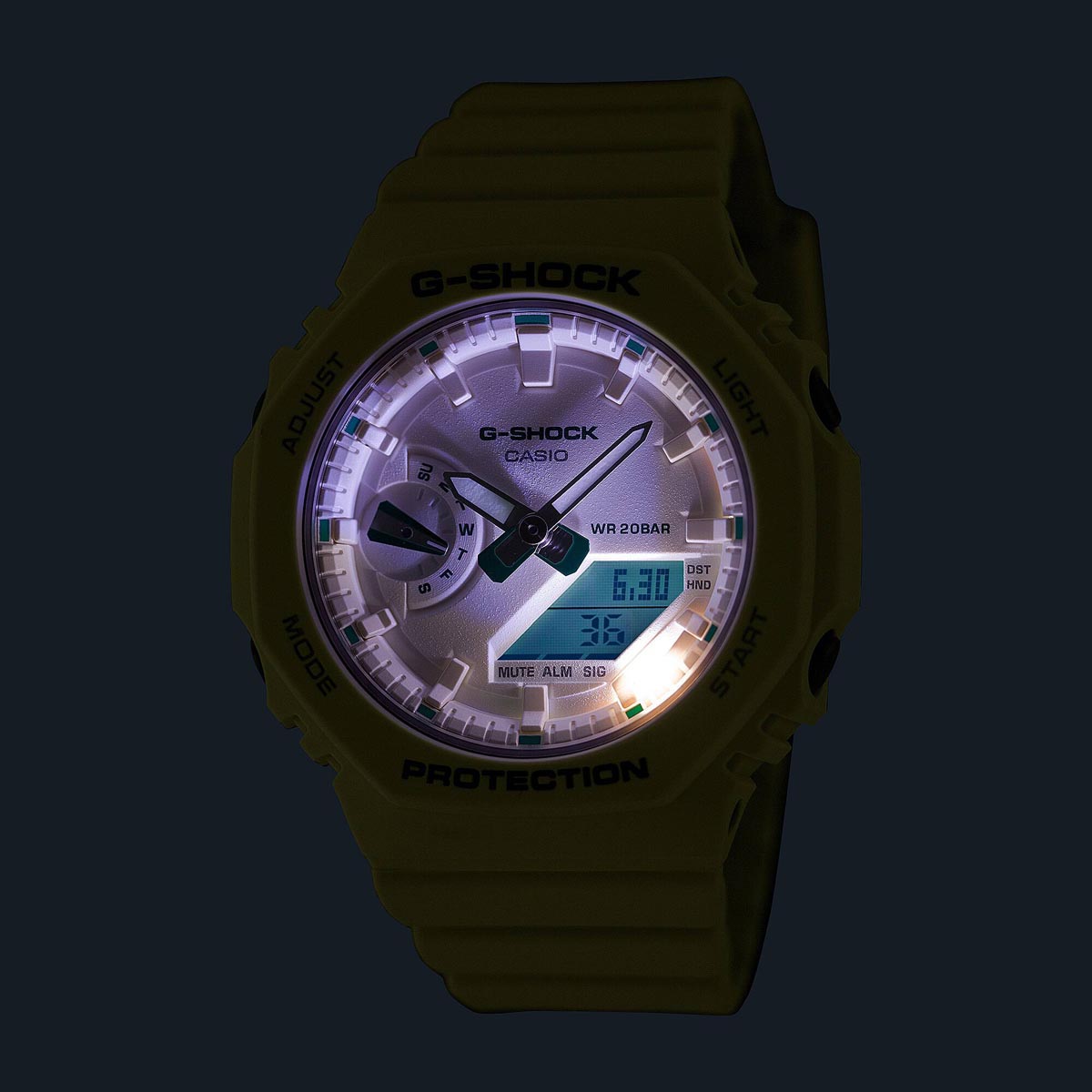 G Shock Womens Watch with Cream Dial and Teal Green Accents and Resin Bracelet (quartz movement)