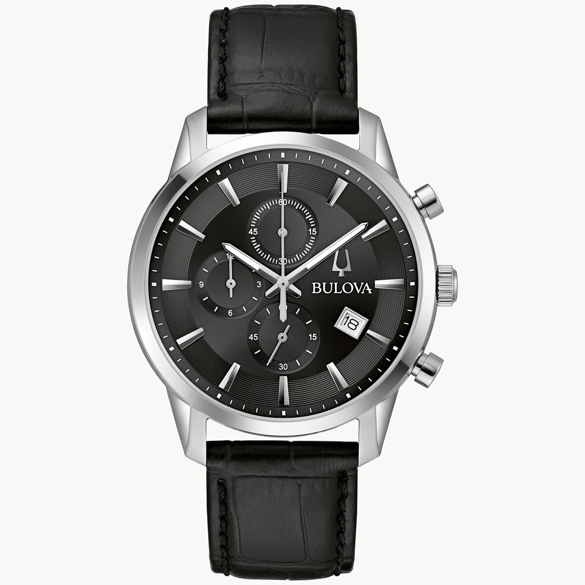 Bulova Sutton Mens Chronograph Watch with Black Dial and Black Leather Strap (quartz movement)