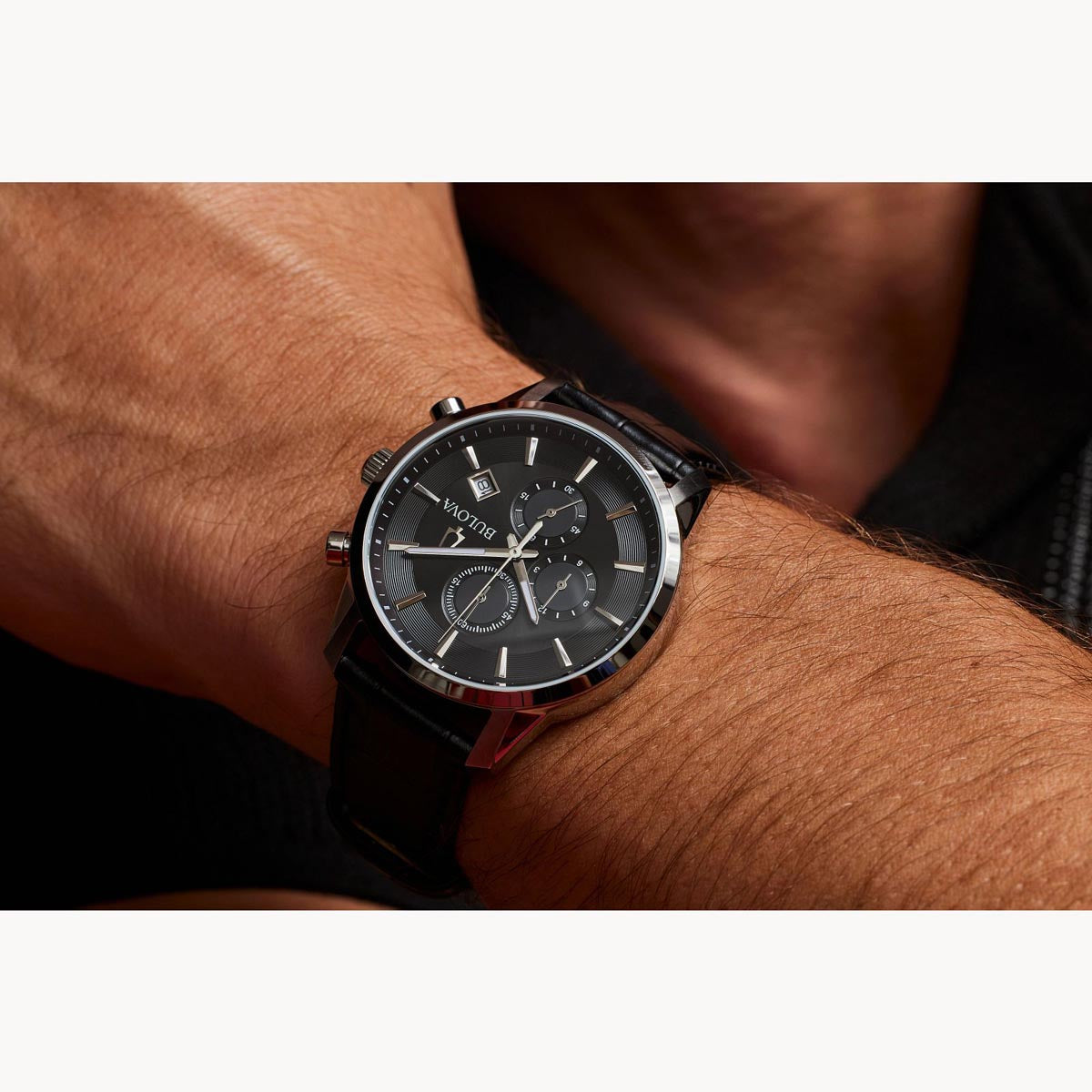 Bulova Sutton Mens Chronograph Watch with Black Dial and Black Leather Strap (quartz movement)