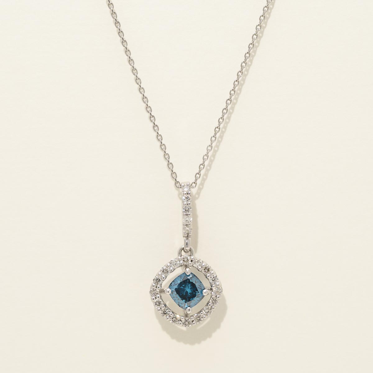 Cushion Cut Blue Diamond Halo Necklace in 14kt White Gold (1ct tw)