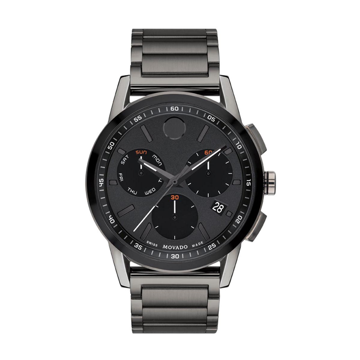 Mens Movado Museum Sport Watch with Black Dial and Gunmetal Ion Stainless Steel Bracelet (Swiss quartz movement)