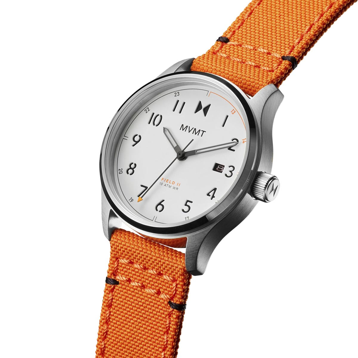 MVMT Field II Mens Watch with White Dial and Orange Nylon Strap (quartz movement)