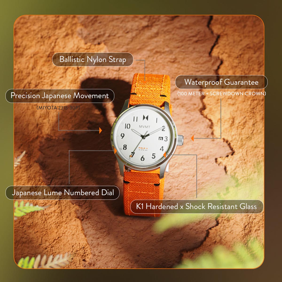 MVMT Field II Mens Watch with White Dial and Orange Nylon Strap (quartz movement)