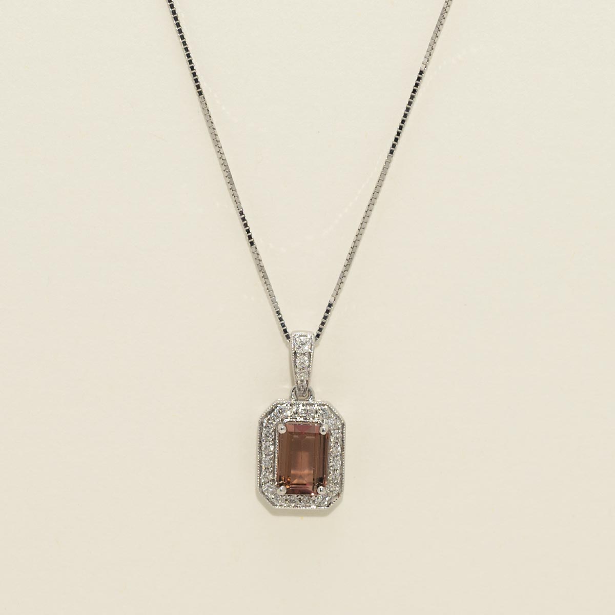 Maine Pink Tourmaline Emerald Cut Halo Necklace in 14kt White Gold with Diamonds (1/7ct tw)