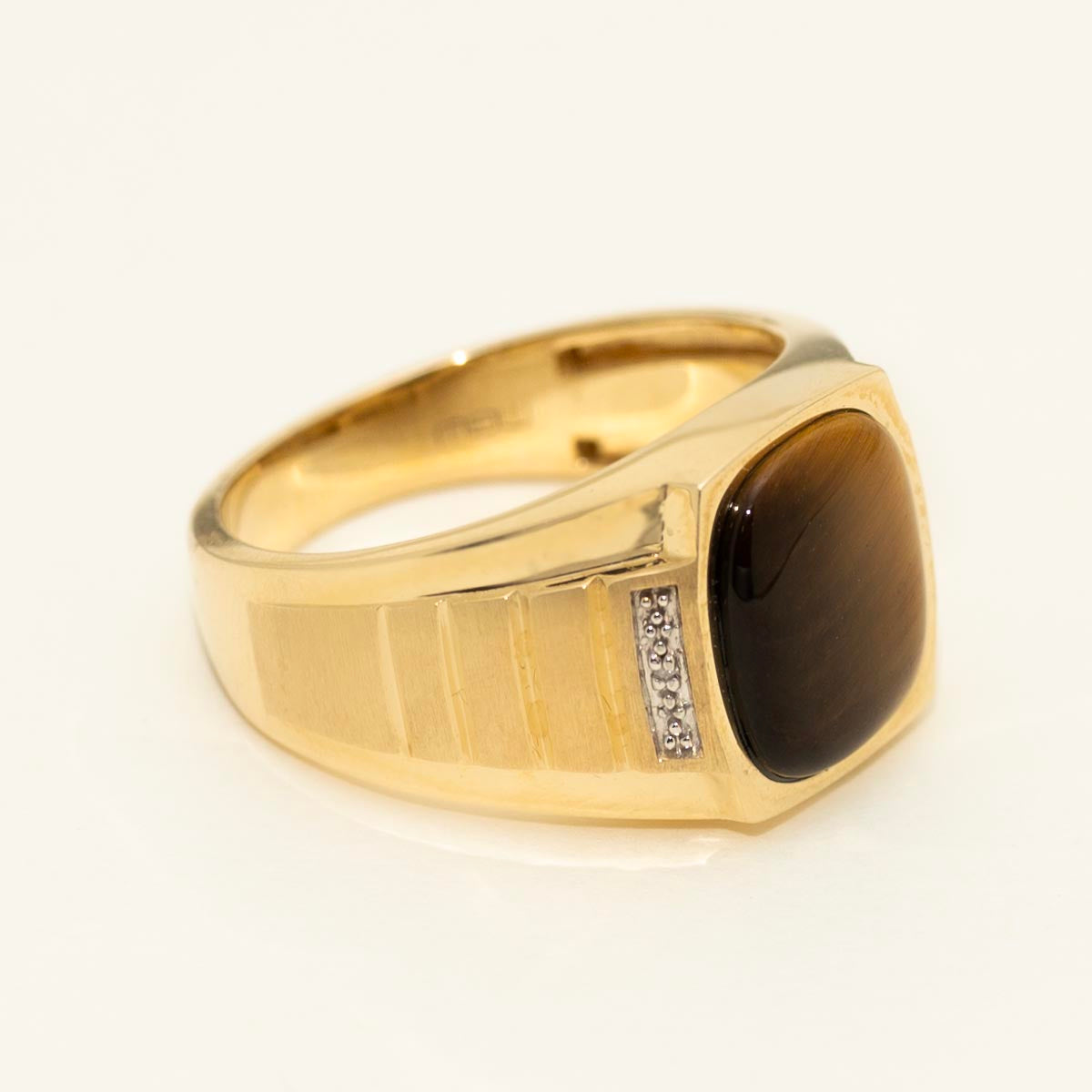 Mens Tigers Eye Ring in 10kt Yellow Gold with Diamond (.0055ct tw)