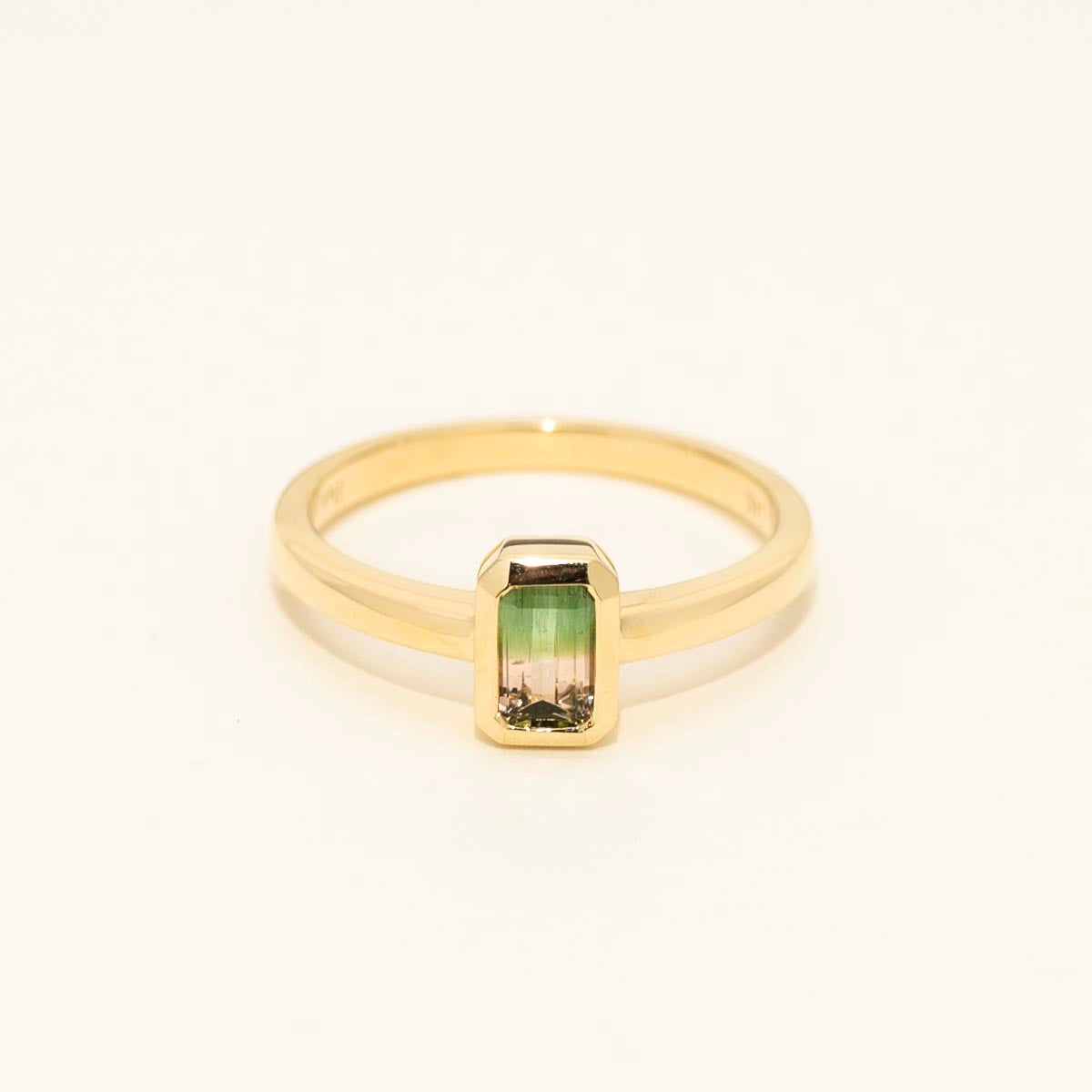 Parlé Emerald Cut Bicolor Tourmaline Bezel Ring in 14kt Yellow Gold