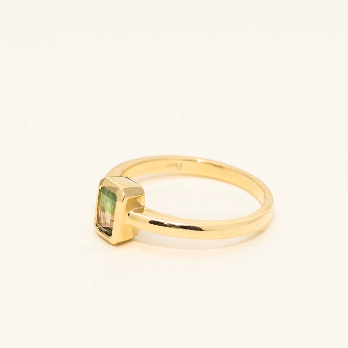 Parlé Emerald Cut Bicolor Tourmaline Bezel Ring in 14kt Yellow Gold