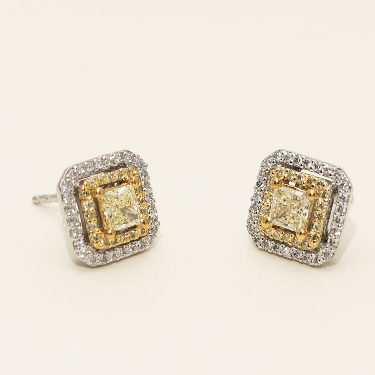 Princess Cut Yellow Diamond Double Halo Stud Earrings in Platinum (1ct tw)