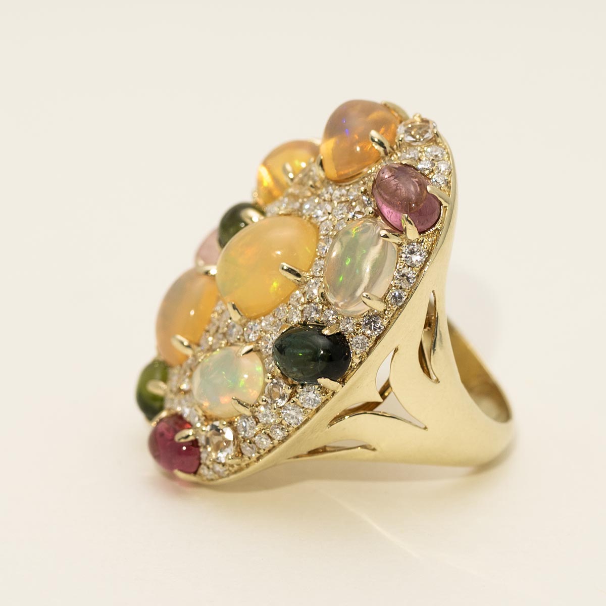 Dabakarov Oval Opal and Multicolor Tourmaline and White Quartz Ring in 14kt Yellow Gold with Diamonds (1ct tw)