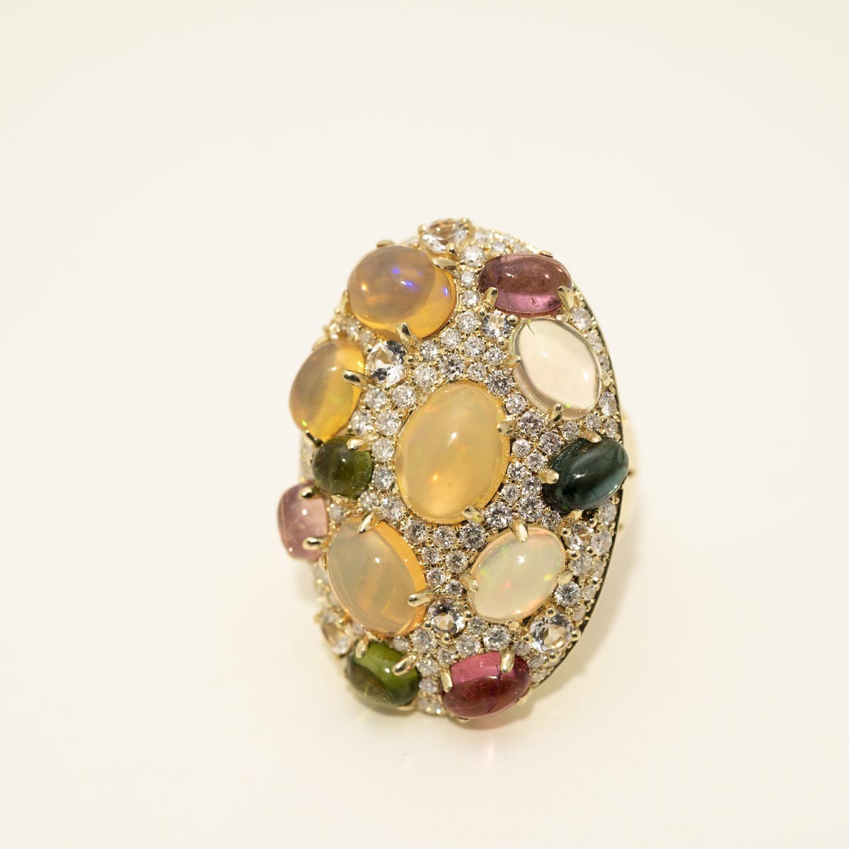 Dabakarov Oval Opal and Multicolor Tourmaline and White Quartz Ring in 14kt Yellow Gold with Diamonds (1ct tw)