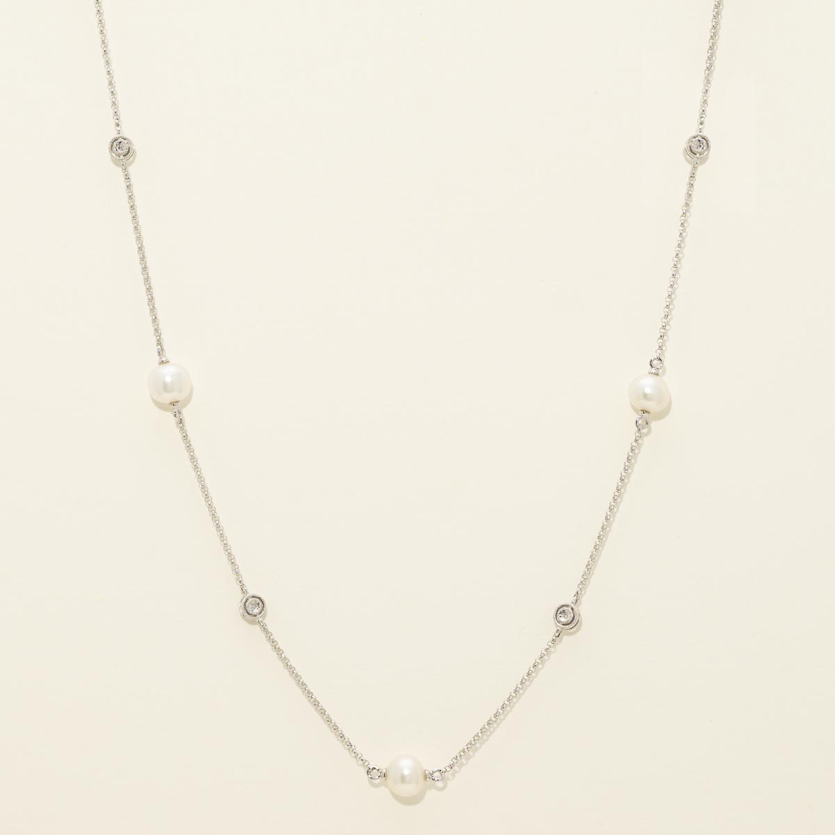 Dabakarov Cultured Freshwater Pearl Necklace in 14kt White Gold with Diamonds (.03ct tw and 5.5mm pearls)