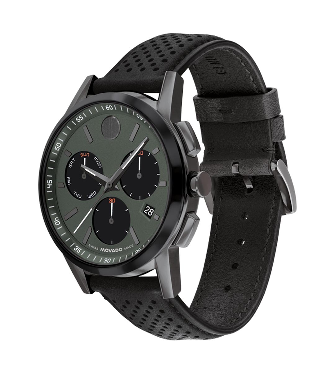 Movado Museum Sport Mens Watch with Green Dial and Perforated Black Le Day s Jewelers