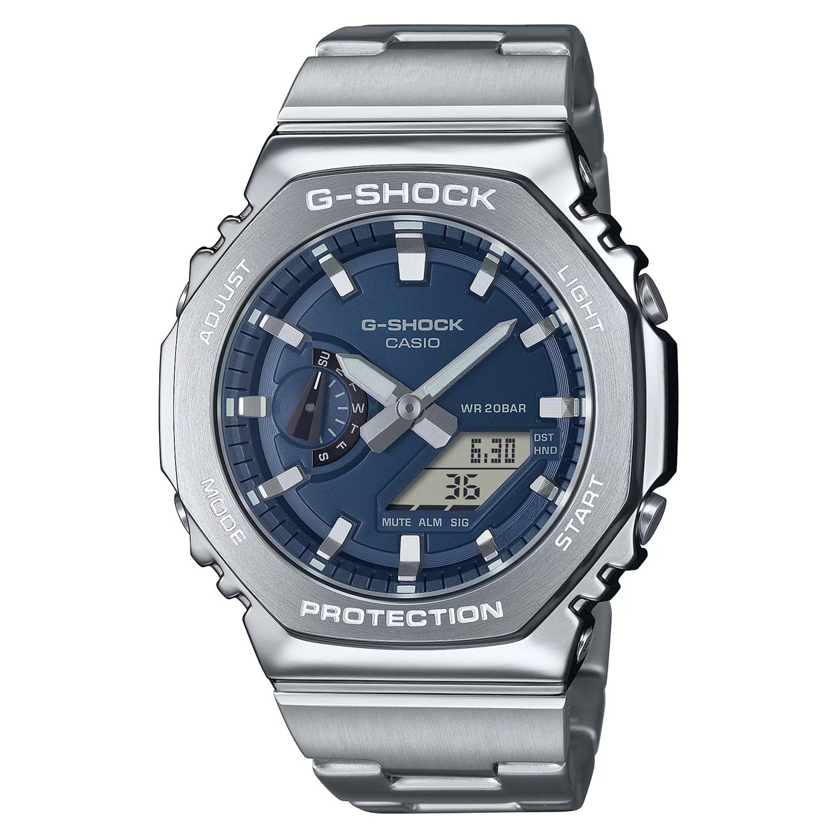 G-Shock 2100 Series Mens Watch with Navy Dial and Stainless Steel Bracelet (solar movement)