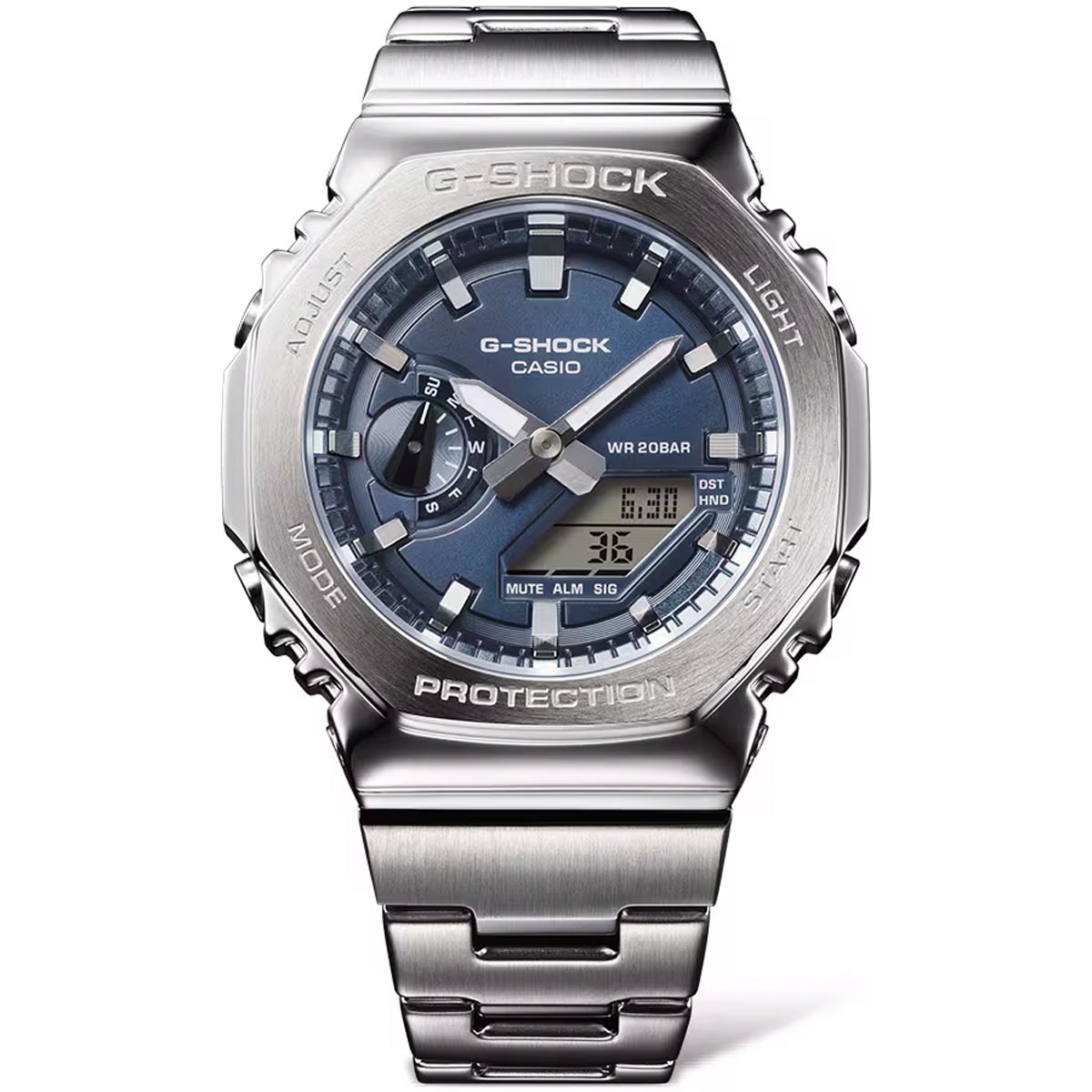 G-Shock 2100 Series Mens Watch with Navy Dial and Stainless Steel Bracelet (solar movement)