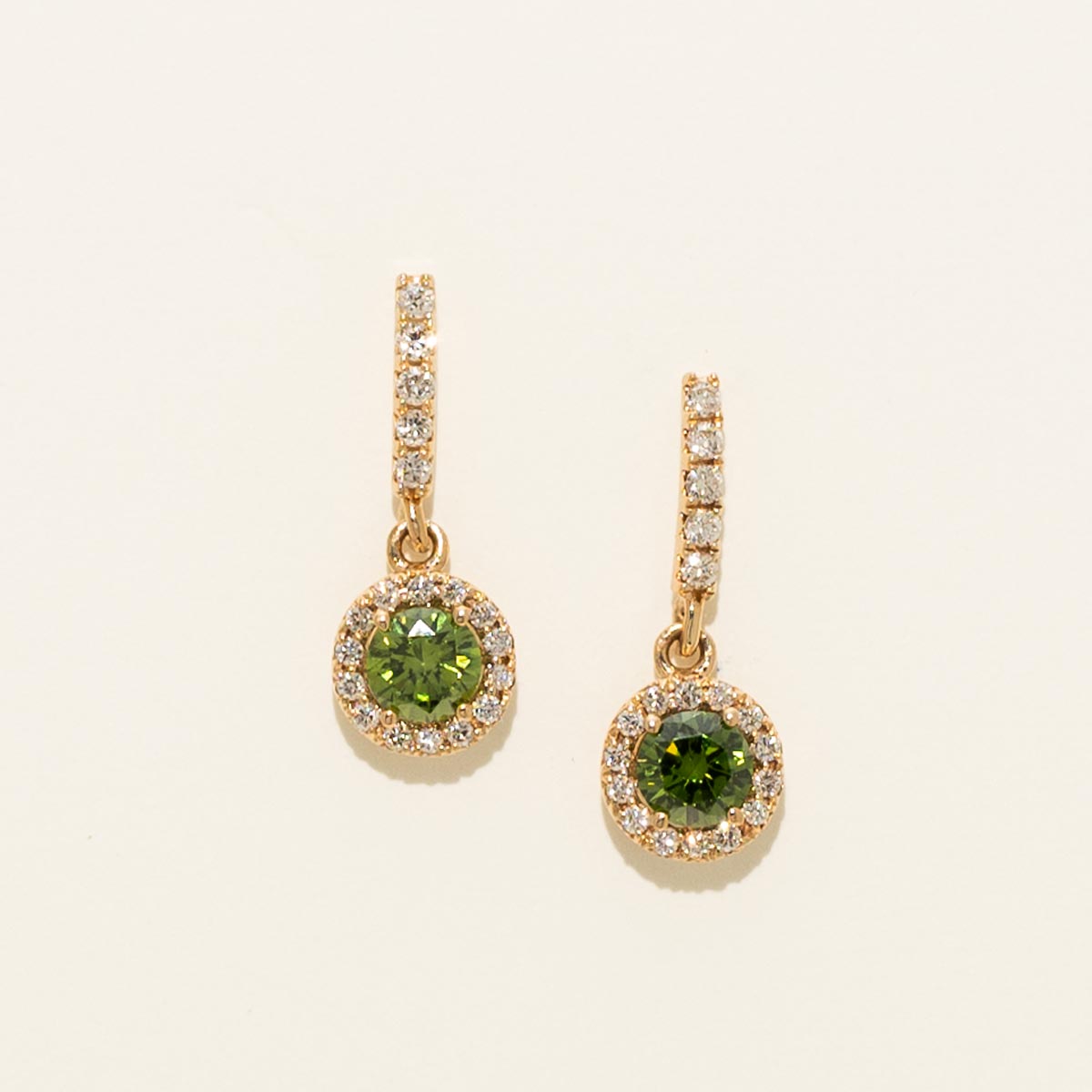 Green Diamond Halo Drop Earrings in 14kt Yellow Gold (7/8ct tw)